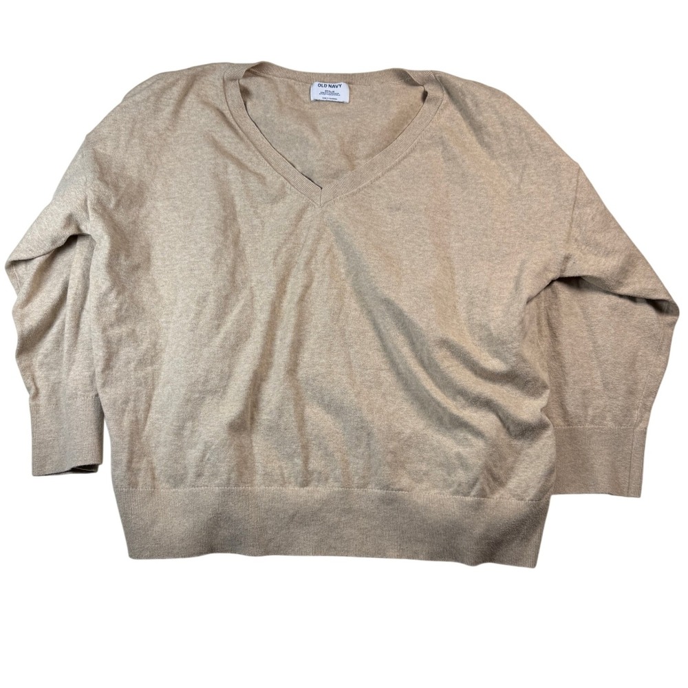 Womens Old Navy 2X pullover Sweater Beige Cotton Blend Knitwear V Neck‎